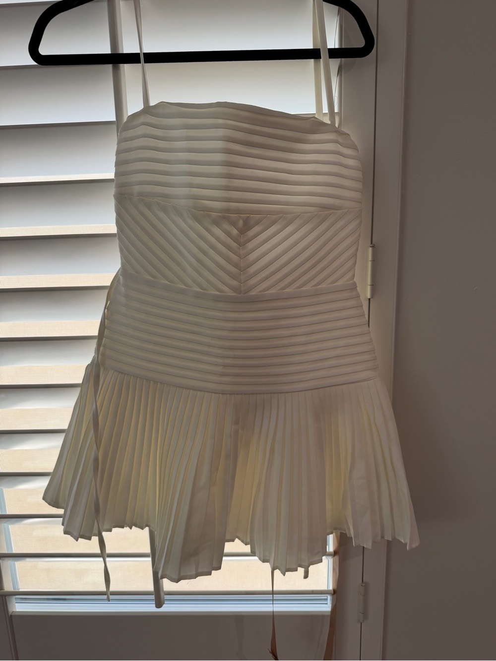 Meshki White Pleated Mini Dress with Strappy Shoulders